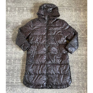 Gap Womens M Recycled Puffer Leopard Print Long Purple Hooded Snaps NWT K3